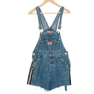 VTG Revolt Blue Denim Shorts Overalls Cutoffs‎ M Romper Y2K Carpenter Ribbon
